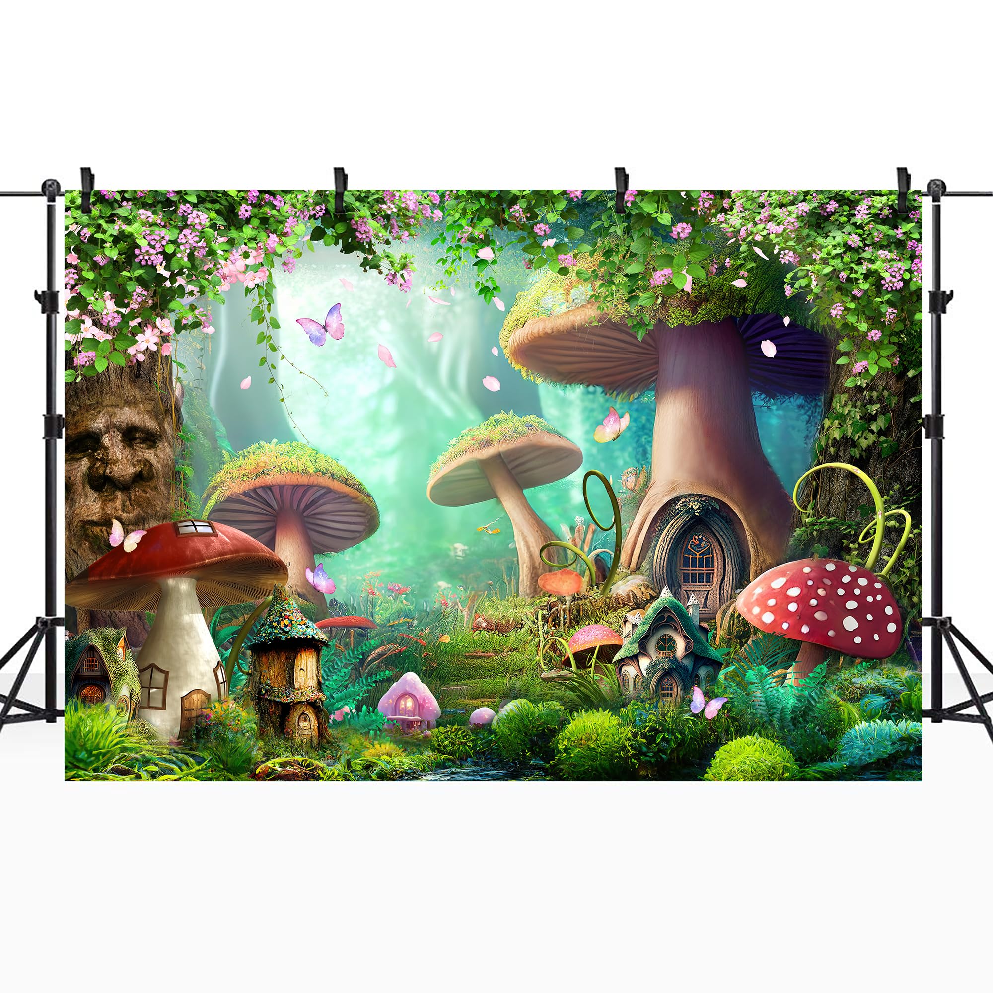 Riyidecor Enchanted Backdrop Polyester Fabric Mushroom Fairy Tale Wonderland Green Tree Fantasy Garden Flower Butterfly 7Wx5H Feet Girls Woman Bday Photography Background Photo Studio Shoot