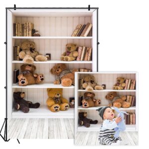 aofoto 3x5ft bookcase and toy bears background bookshelf photography backdrop kid baby child infant boy girl portrait photoshoot studio props video drape seamless wallpaper