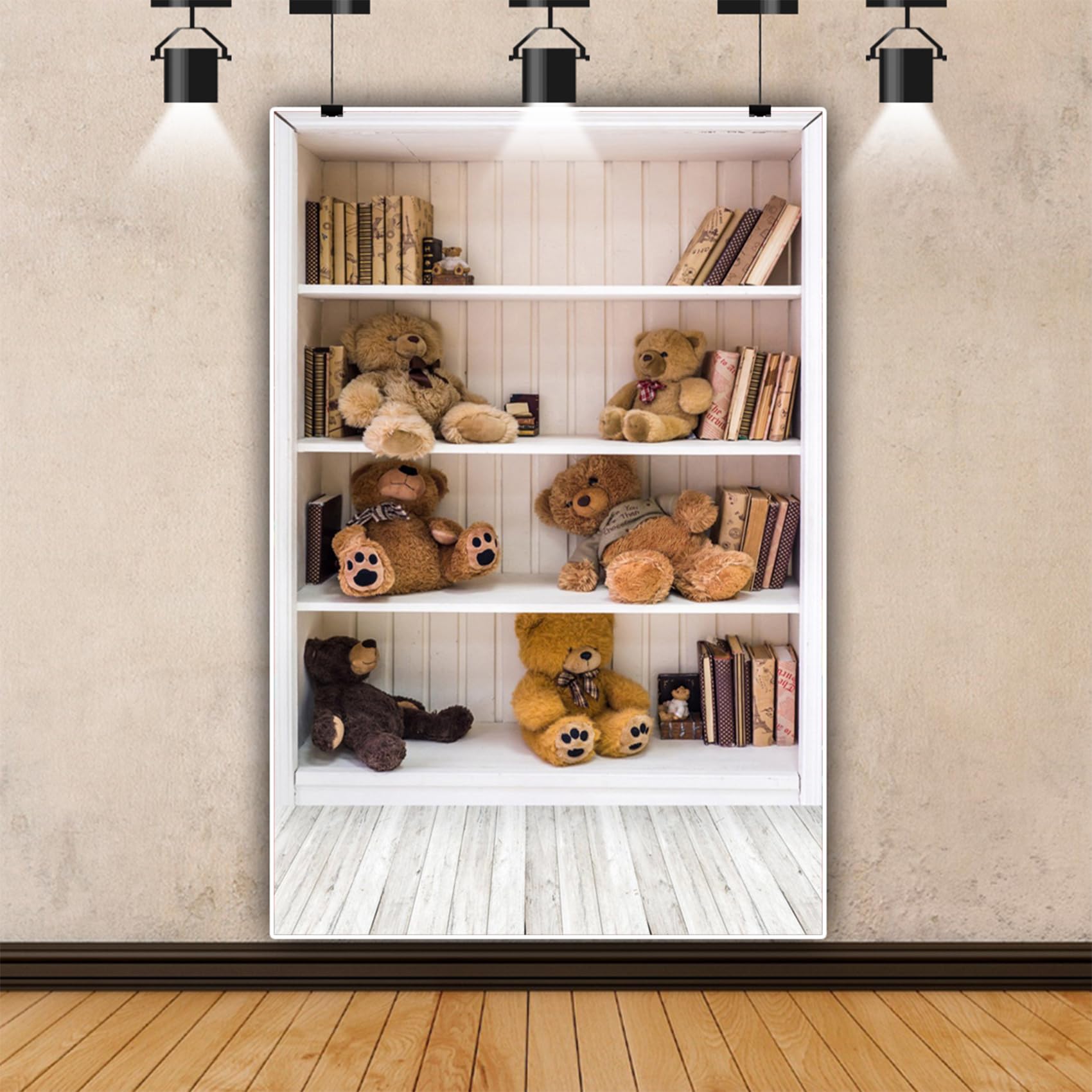 AOFOTO 3x5ft Bookcase and Toy Bears Background Bookshelf Photography Backdrop Kid Baby Child Infant Boy Girl Portrait Photoshoot Studio Props Video Drape Seamless Wallpaper