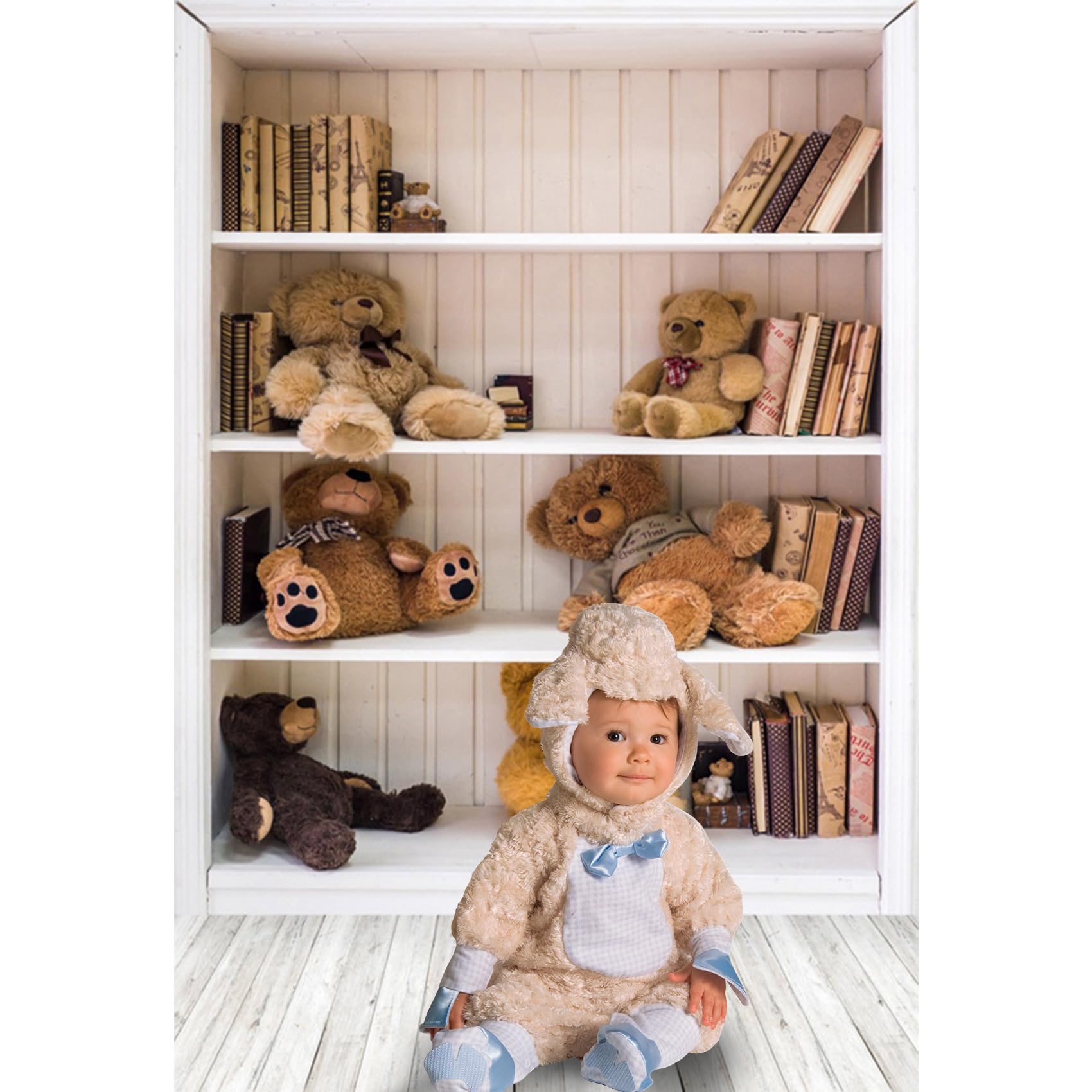 AOFOTO 3x5ft Bookcase and Toy Bears Background Bookshelf Photography Backdrop Kid Baby Child Infant Boy Girl Portrait Photoshoot Studio Props Video Drape Seamless Wallpaper