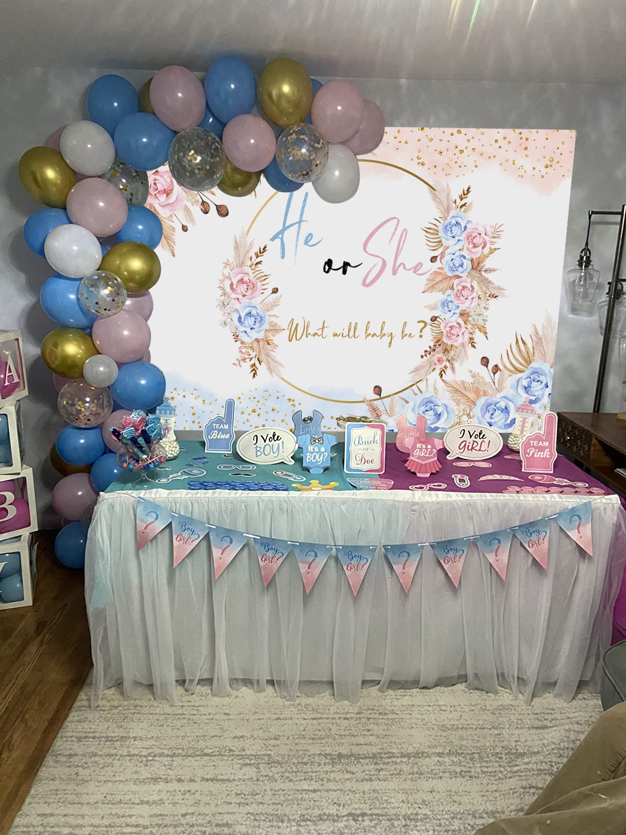 Baby Backdrop for Photography He or She Paty Background 7x5FT Gender Reveal Party Backdrop Baby Shower Decoration Photo Booth Supplies Studio Props Vinyl (84x60 inch)