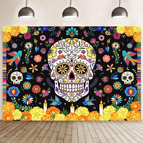 MEHOFOND 7x5ft Day of The Dead Backdrop Sugar Skull Dia De Los Muertos Photography Background Mexican Fieasta Marigold Candle Floral Dress up Festival Party Decor Cake Smash Banner Photo Studio Props