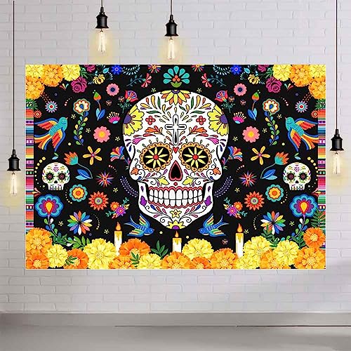 MEHOFOND 7x5ft Day of The Dead Backdrop Sugar Skull Dia De Los Muertos Photography Background Mexican Fieasta Marigold Candle Floral Dress up Festival Party Decor Cake Smash Banner Photo Studio Props