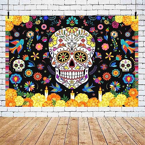 MEHOFOND 7x5ft Day of The Dead Backdrop Sugar Skull Dia De Los Muertos Photography Background Mexican Fieasta Marigold Candle Floral Dress up Festival Party Decor Cake Smash Banner Photo Studio Props