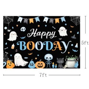 MEHOFOND 7x5ft Halloween Birthday Party Backdrop Black Happy Booday Photography Background Cute Ghost Pumpkin Skull for Girls Boys Birthday Party Decorations Cake Table Banner Photo Studio Supplies