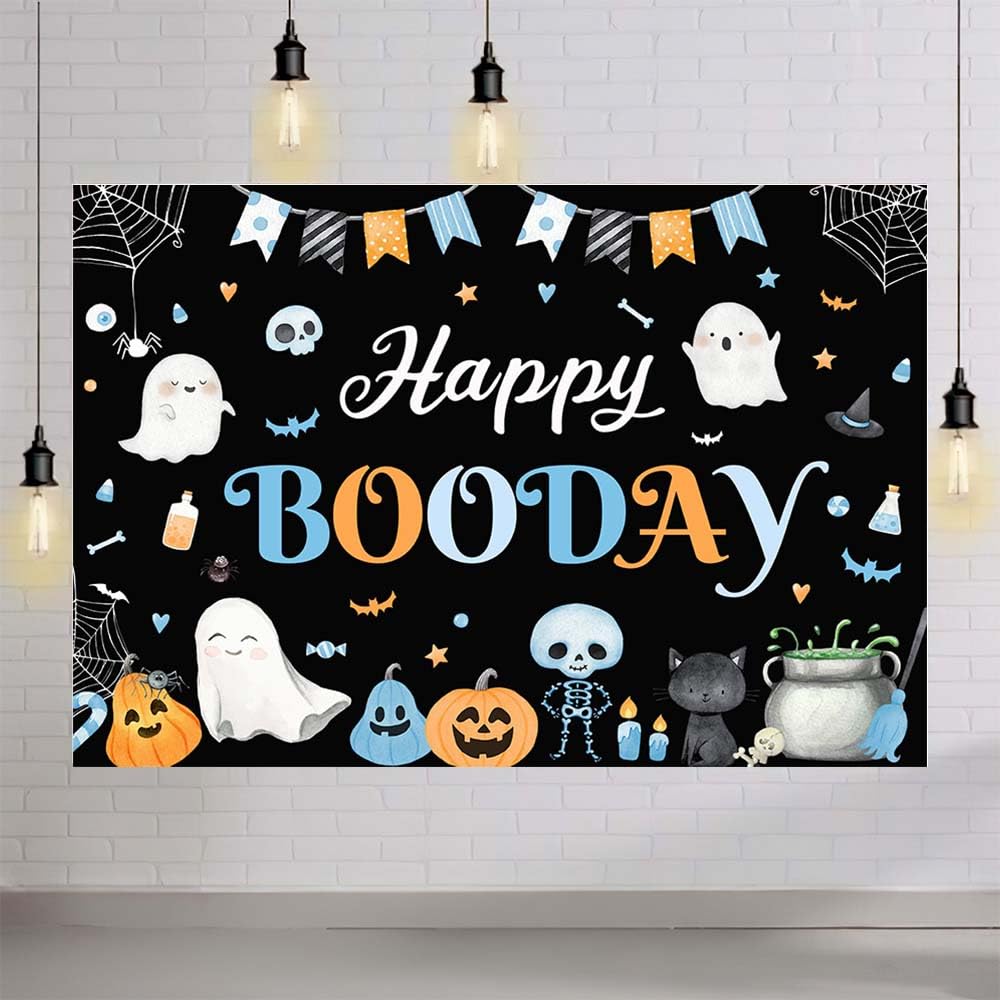 MEHOFOND 7x5ft Halloween Birthday Party Backdrop Black Happy Booday Photography Background Cute Ghost Pumpkin Skull for Girls Boys Birthday Party Decorations Cake Table Banner Photo Studio Supplies