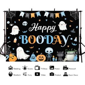 MEHOFOND 7x5ft Halloween Birthday Party Backdrop Black Happy Booday Photography Background Cute Ghost Pumpkin Skull for Girls Boys Birthday Party Decorations Cake Table Banner Photo Studio Supplies