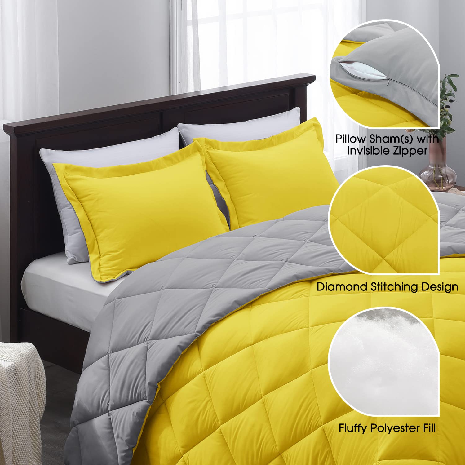 Basic Beyond King Size Comforter Set - Yellow and Gray Comforter Set King, Reversible King Bed Comforter Set for All Seasons, Yellow/Grey, 1 Comforter (104"x92") and 2 Pillow Shams (20"x36"+2")