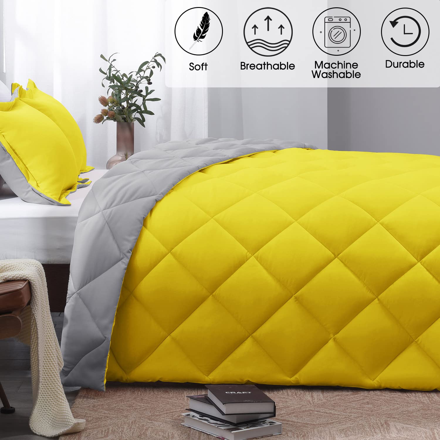 Basic Beyond King Size Comforter Set - Yellow and Gray Comforter Set King, Reversible King Bed Comforter Set for All Seasons, Yellow/Grey, 1 Comforter (104"x92") and 2 Pillow Shams (20"x36"+2")