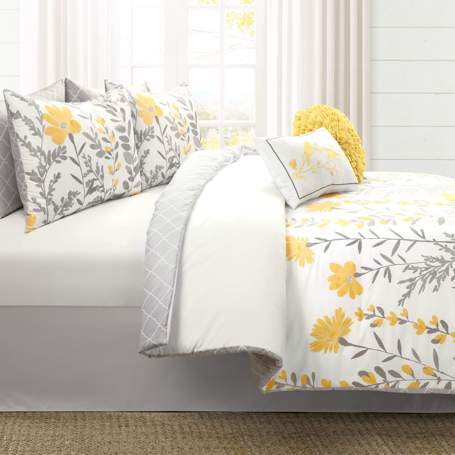 Lush Decor Aprile Soft Reversible Floral Comforter Set, 8 Piece Set, King, Yellow & Gray- Beautiful King Bedding Sets - Yellow Comforter - Spring Decor - Cottage & Farmhouse Bedroom Decor