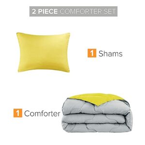 Comfort Spaces Vixie Reversible Comforter Set - Trendy Casual Geometric Quilted Cover, All Season Down Alternative Cozy Bedding, Matching Sham, Grey/Yellow, Twin/Twin XL 2 piece