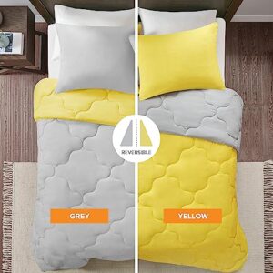 Comfort Spaces Vixie Reversible Comforter Set - Trendy Casual Geometric Quilted Cover, All Season Down Alternative Cozy Bedding, Matching Sham, Grey/Yellow, Twin/Twin XL 2 piece