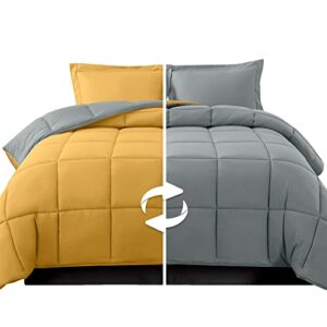 elegant comfort 3-piece reversible comforter set, all season cozy, soft down alternative, quilted - box stitched - duvet insert with 4 corner tabs, comforter with shams, king, yellow/gray