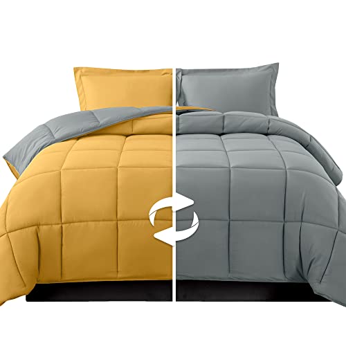 Elegant Comfort 3-Piece Reversible Comforter Set, All Season Cozy, Soft Down Alternative, Quilted - Box Stitched - Duvet Insert with 4 Corner Tabs, Comforter with Shams, King, Yellow/Gray