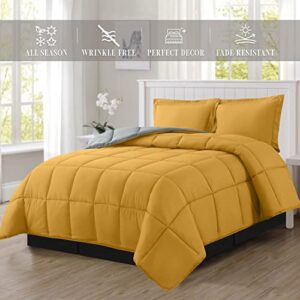 Elegant Comfort 3-Piece Reversible Comforter Set, All Season Cozy, Soft Down Alternative, Quilted - Box Stitched - Duvet Insert with 4 Corner Tabs, Comforter with Shams, King, Yellow/Gray