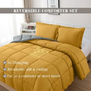 Elegant Comfort 3-Piece Reversible Comforter Set, All Season Cozy, Soft Down Alternative, Quilted - Box Stitched - Duvet Insert with 4 Corner Tabs, Comforter with Shams, King, Yellow/Gray