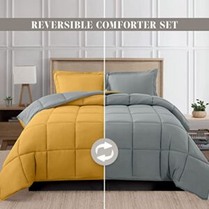 Elegant Comfort 3-Piece Reversible Comforter Set, All Season Cozy, Soft Down Alternative, Quilted - Box Stitched - Duvet Insert with 4 Corner Tabs, Comforter with Shams, King, Yellow/Gray