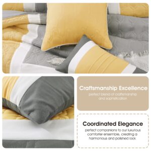 Grand Avenue Grey Yellow Comforter Set Queen Size, 7 Piece Quilting Soft Bedding Set, All Season, Matching Shams, Bedskirt, Decorative Pillows