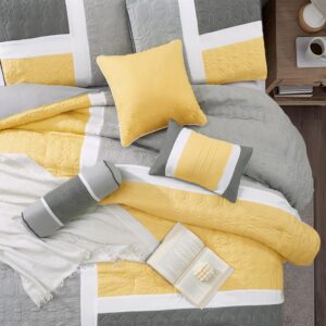 Grand Avenue Grey Yellow Comforter Set Queen Size, 7 Piece Quilting Soft Bedding Set, All Season, Matching Shams, Bedskirt, Decorative Pillows