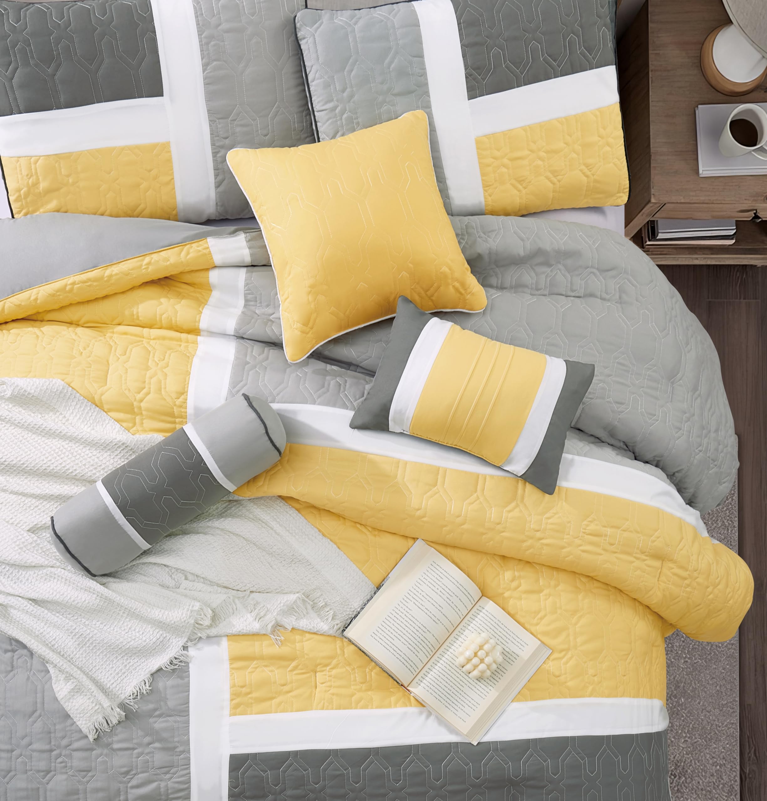 Grand Avenue Grey Yellow Comforter Set Queen Size, 7 Piece Quilting Soft Bedding Set, All Season, Matching Shams, Bedskirt, Decorative Pillows