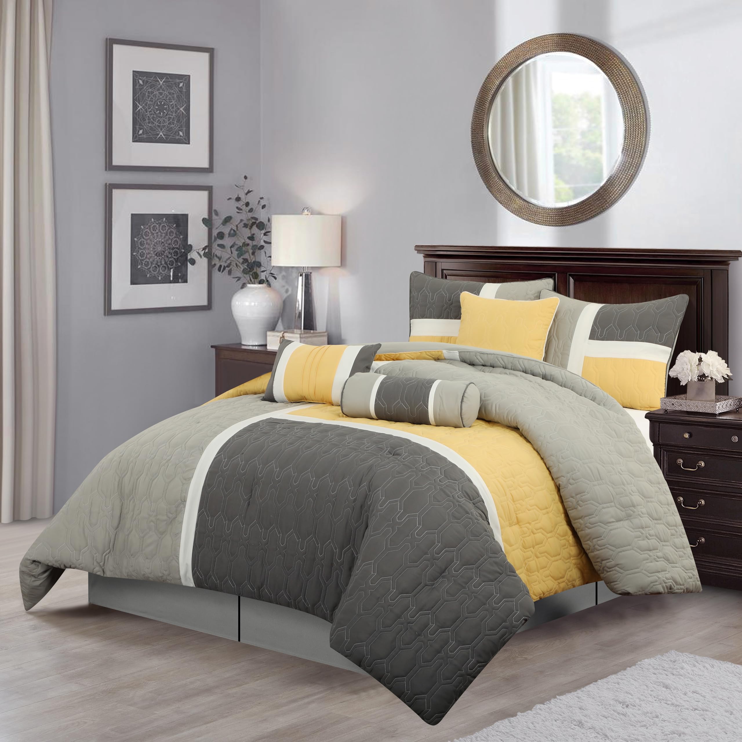 Grand Avenue Grey Yellow Comforter Set Queen Size, 7 Piece Quilting Soft Bedding Set, All Season, Matching Shams, Bedskirt, Decorative Pillows