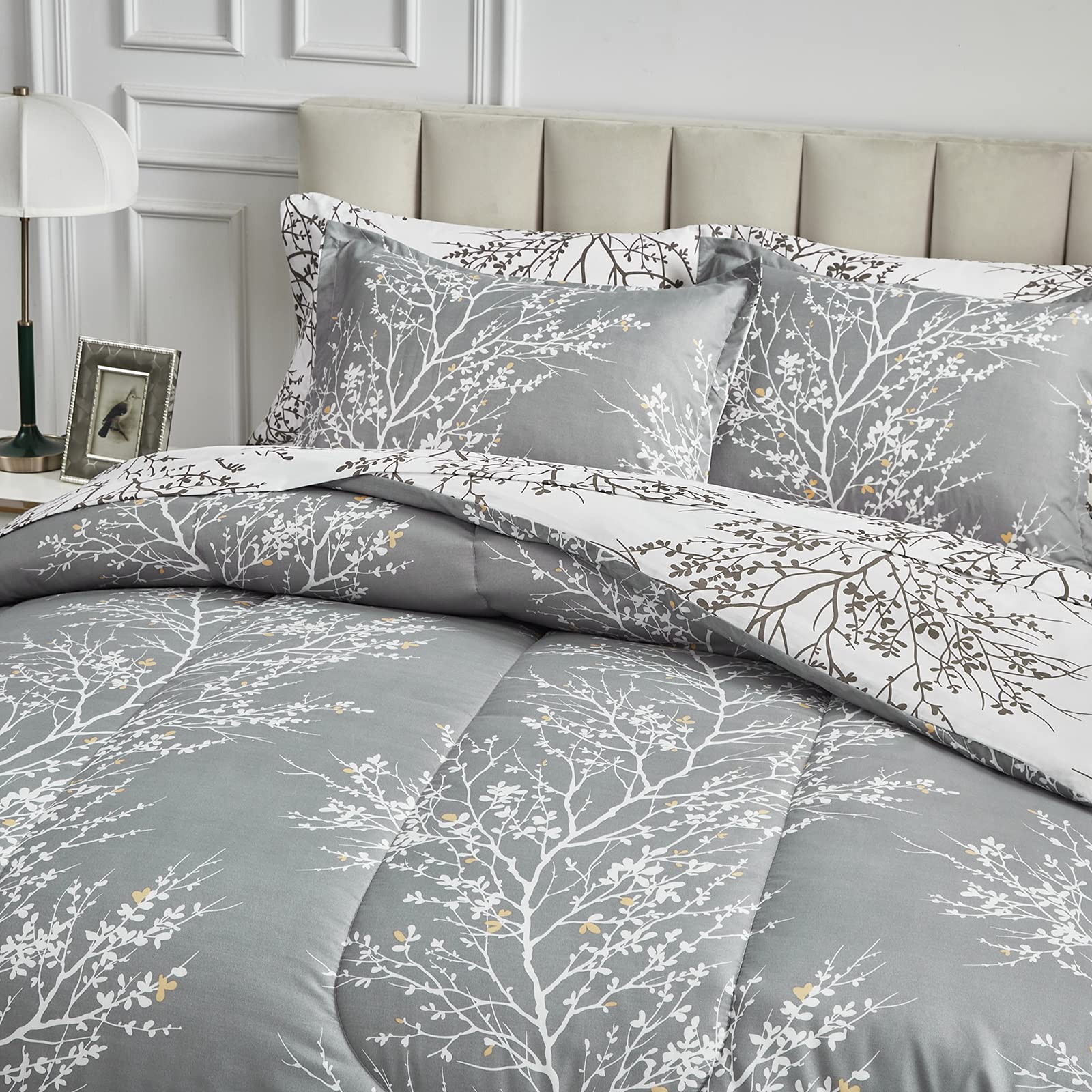 Flysheep Gray Comforter Set Queen Size, Branch with Yellow Flower on Grey and White Reversible Modern Bedding Set, Ultra Soft Microfiber for All Season