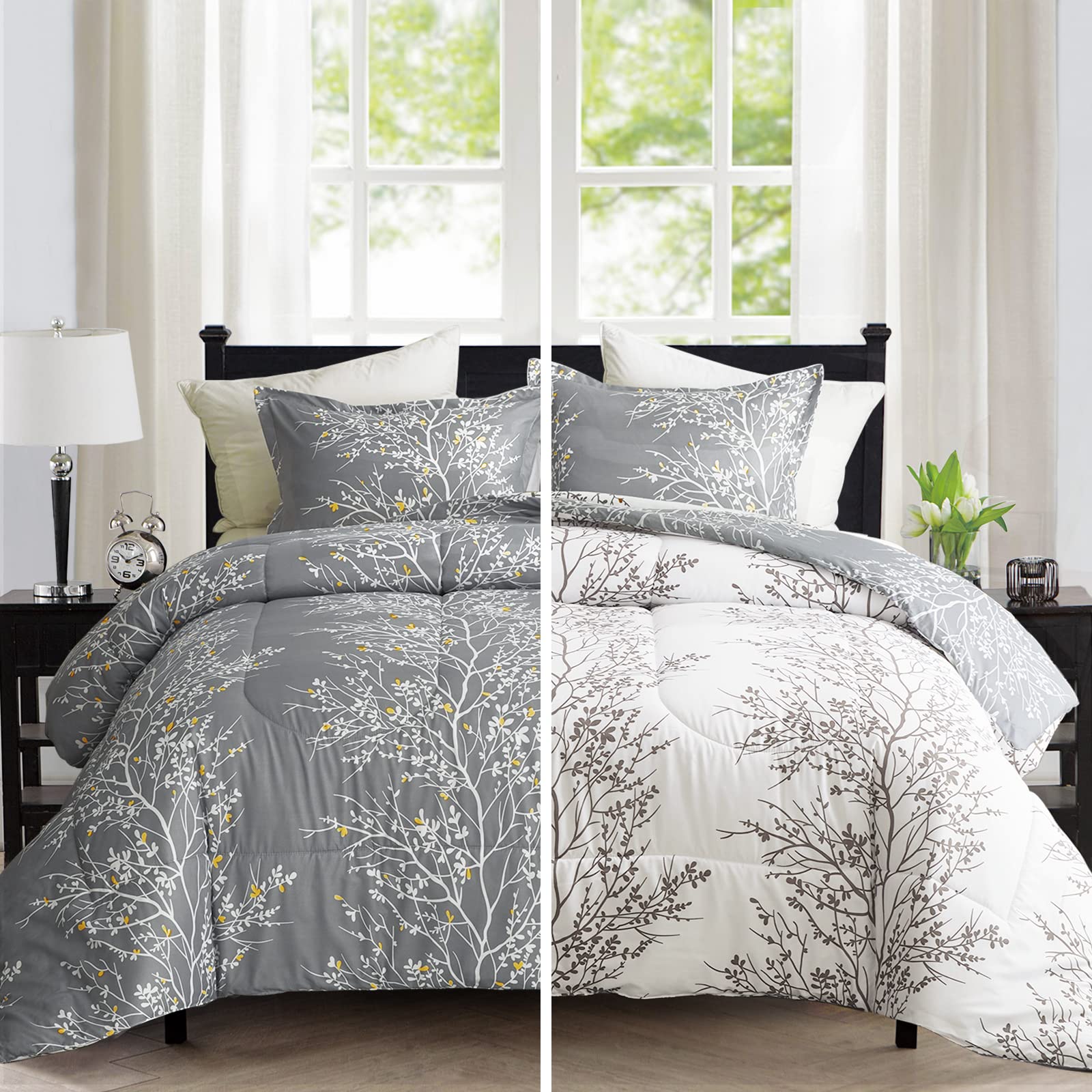 Flysheep Gray Comforter Set Queen Size, Branch with Yellow Flower on Grey and White Reversible Modern Bedding Set, Ultra Soft Microfiber for All Season