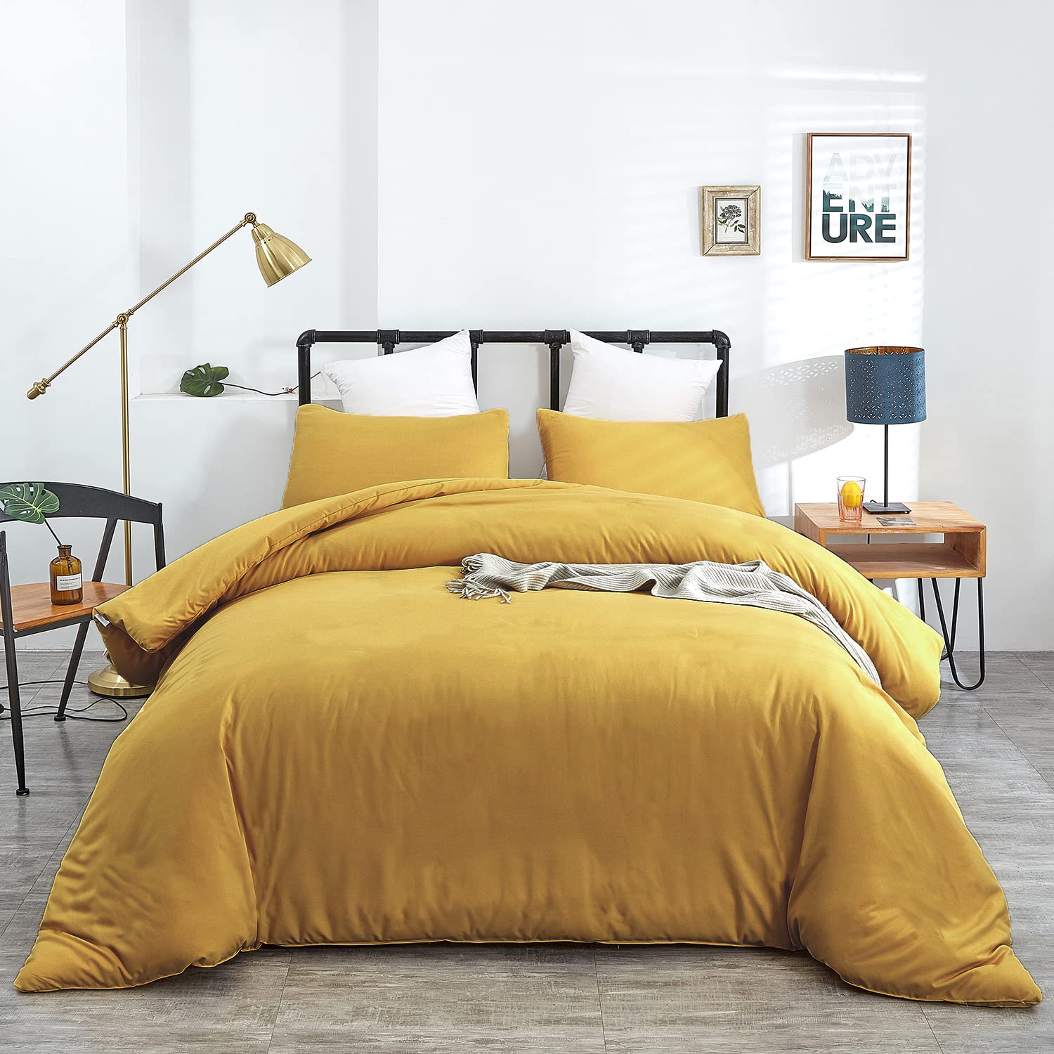 Wellboo Yellow King Comforter Sets Solid Mustard Yellow Bedding Comforters Women Men Plain Dark Yellow Quilts Modern Minimalist Gold Yellow Blankets Soft Vintage Ginger Yellow Bedroom Decor Aesthetic