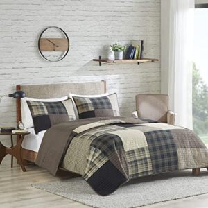 woolrich winter hills reversible quilt set - cottage styling reversed to solid color, all season lightweight coverlet, cozy bedding layer, matching shams, oversized full/queen, plaid tan 3 piece