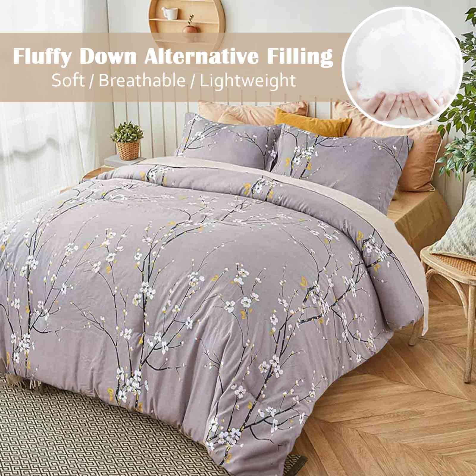 Nanko Queen Size Comforter Set, Grey Pastel Floral Print Soft Microfiber Bedding - All Season Quilted Comforter with 2 Pillowshams - Farmhouse Bed Set for Women Men 3pc 88 x 90 inch, Gray Flower