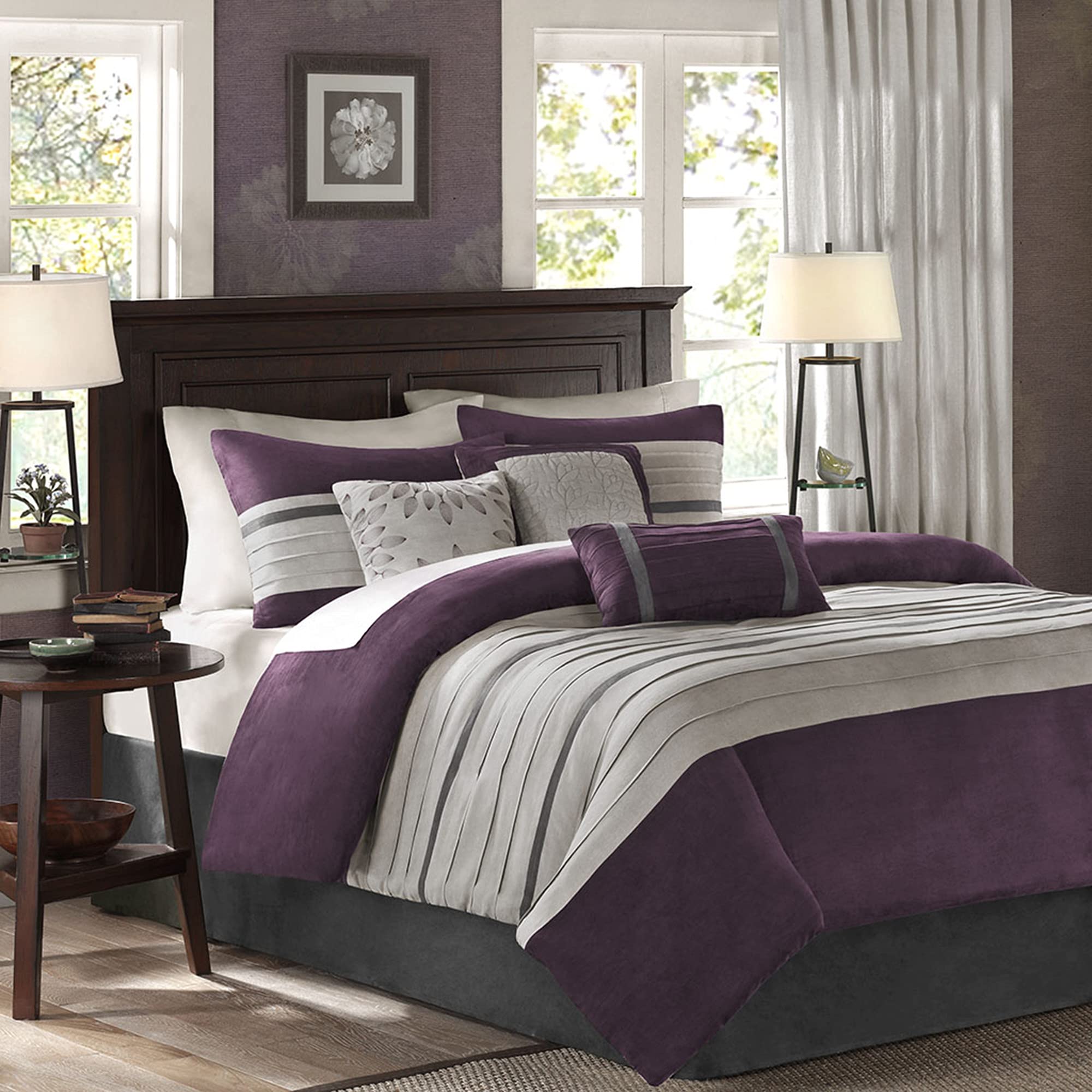 Madison Park Palmer Comforter Set - Faux Suede Design, Striped Accent, All Season Down Alternative Bedding, Matching Shams, Decorative Pillow, Bed Skirt, King (104 in x 92 in), Purple 7 Piece