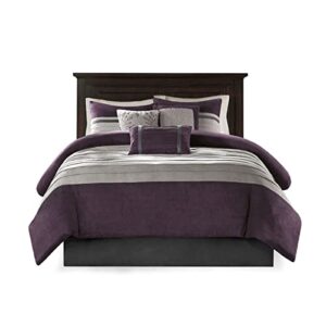 Madison Park Palmer Comforter Set - Faux Suede Design, Striped Accent, All Season Down Alternative Bedding, Matching Shams, Decorative Pillow, Bed Skirt, King (104 in x 92 in), Purple 7 Piece