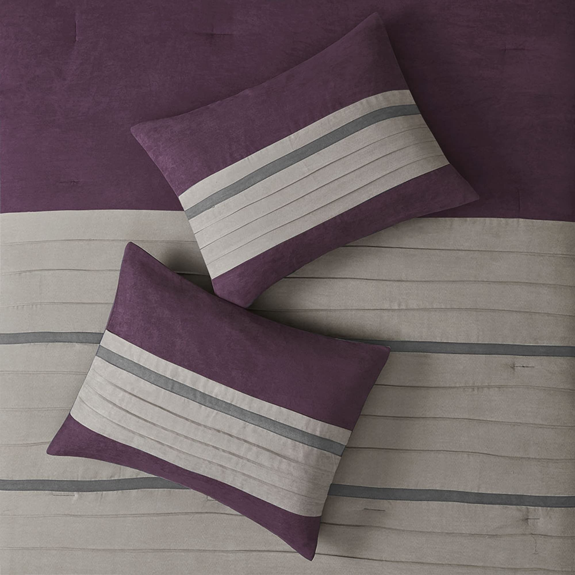 Madison Park Palmer Comforter Set - Faux Suede Design, Striped Accent, All Season Down Alternative Bedding, Matching Shams, Decorative Pillow, Bed Skirt, King (104 in x 92 in), Purple 7 Piece