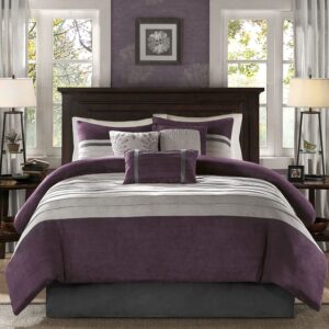 Madison Park Palmer Comforter Set - Faux Suede Design, Striped Accent, All Season Down Alternative Bedding, Matching Shams, Decorative Pillow, Bed Skirt, King (104 in x 92 in), Purple 7 Piece