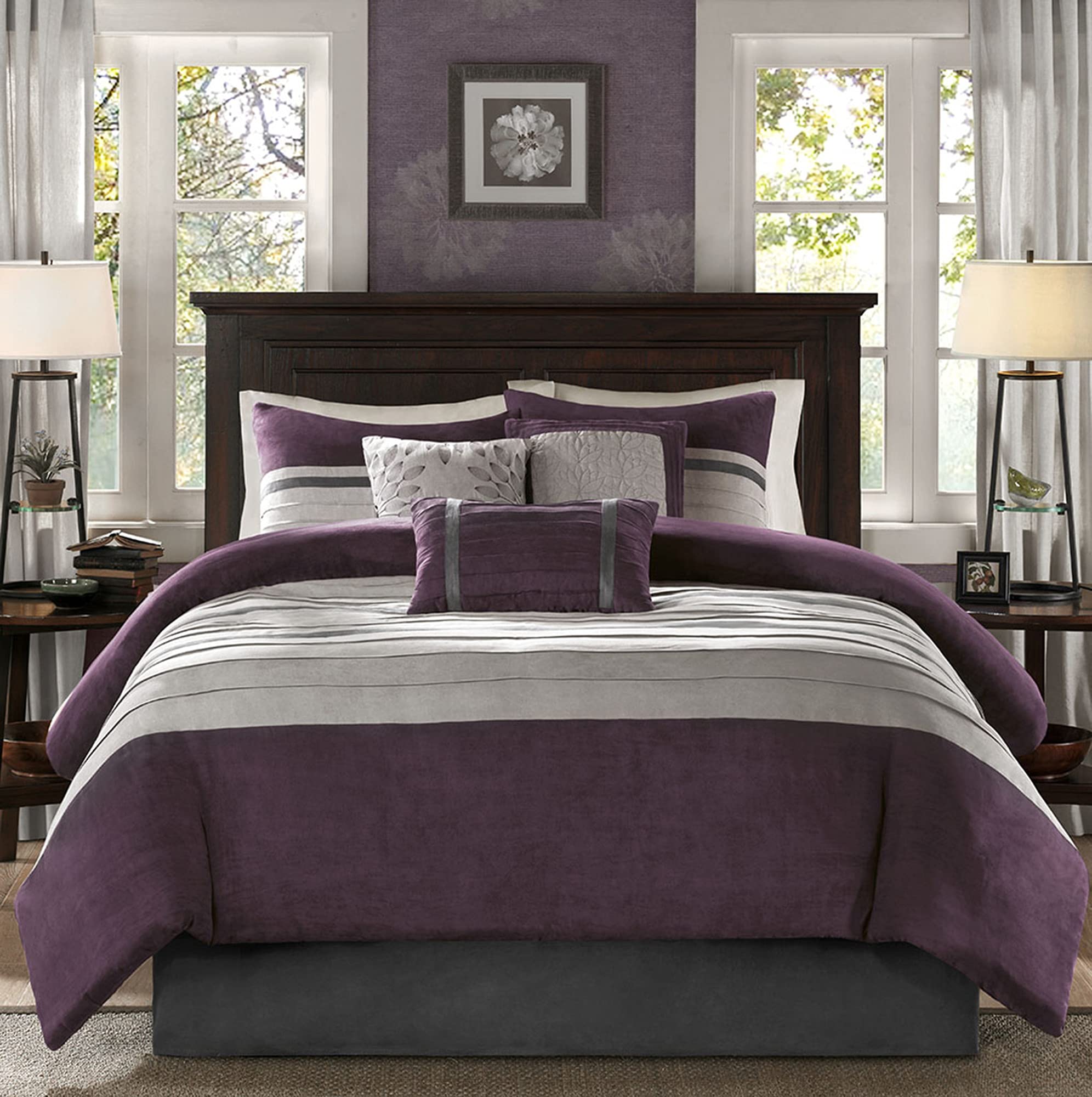 Madison Park Palmer Comforter Set - Faux Suede Design, Striped Accent, All Season Down Alternative Bedding, Matching Shams, Decorative Pillow, Bed Skirt, King (104 in x 92 in), Purple 7 Piece