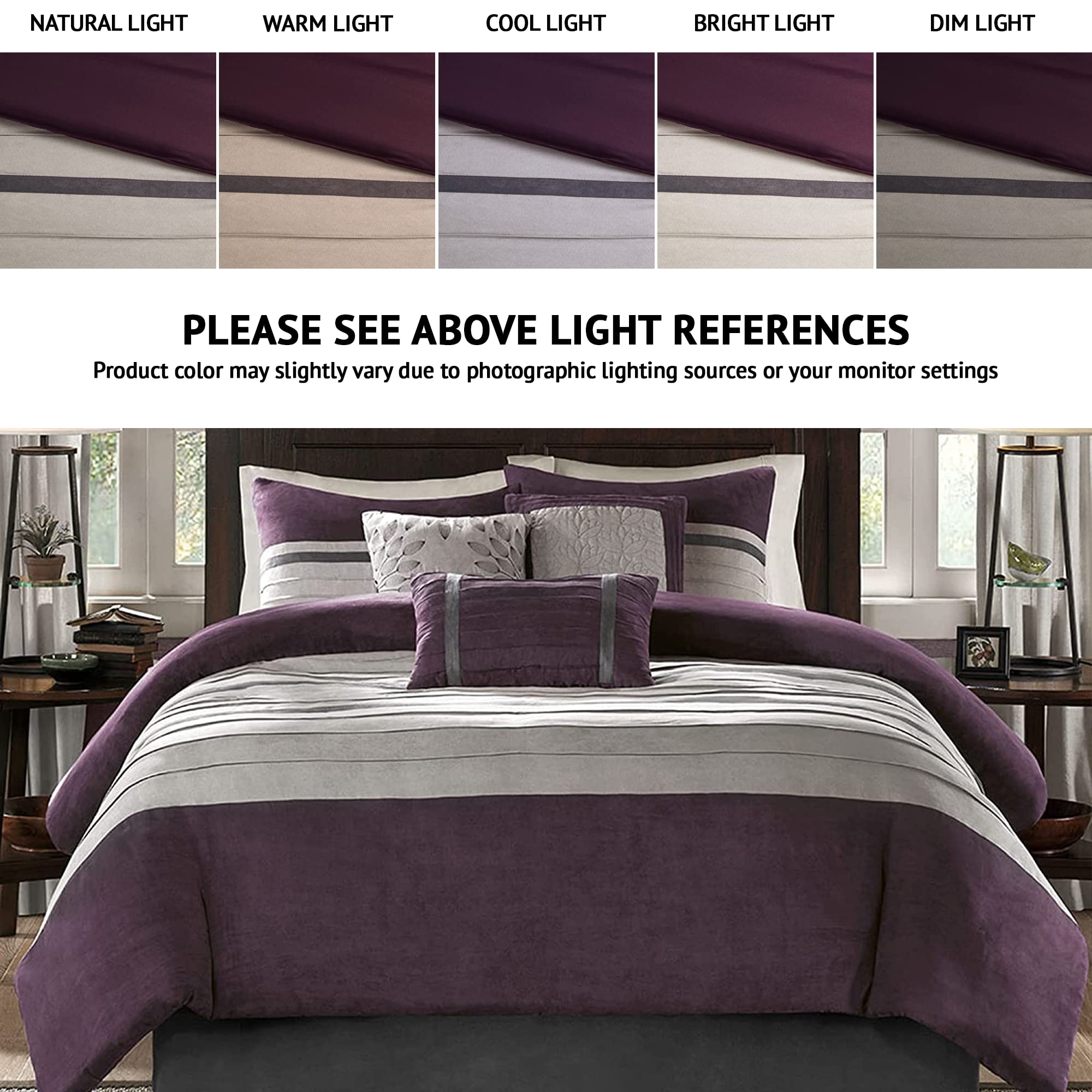 Madison Park Palmer Comforter Set - Faux Suede Design, Striped Accent, All Season Down Alternative Bedding, Matching Shams, Decorative Pillow, Bed Skirt, King (104 in x 92 in), Purple 7 Piece