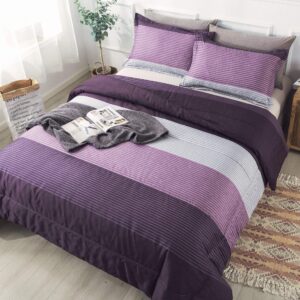 Andency Stripe Comforter Set King Size (104x90 Inch), 3 Pieces Purple and Gray Patchwork Striped Comforter, Soft Microfiber Down Alternative Comforter Bedding Set with Corner Loops