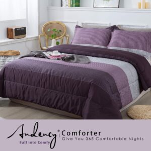 Andency Stripe Comforter Set King Size (104x90 Inch), 3 Pieces Purple and Gray Patchwork Striped Comforter, Soft Microfiber Down Alternative Comforter Bedding Set with Corner Loops