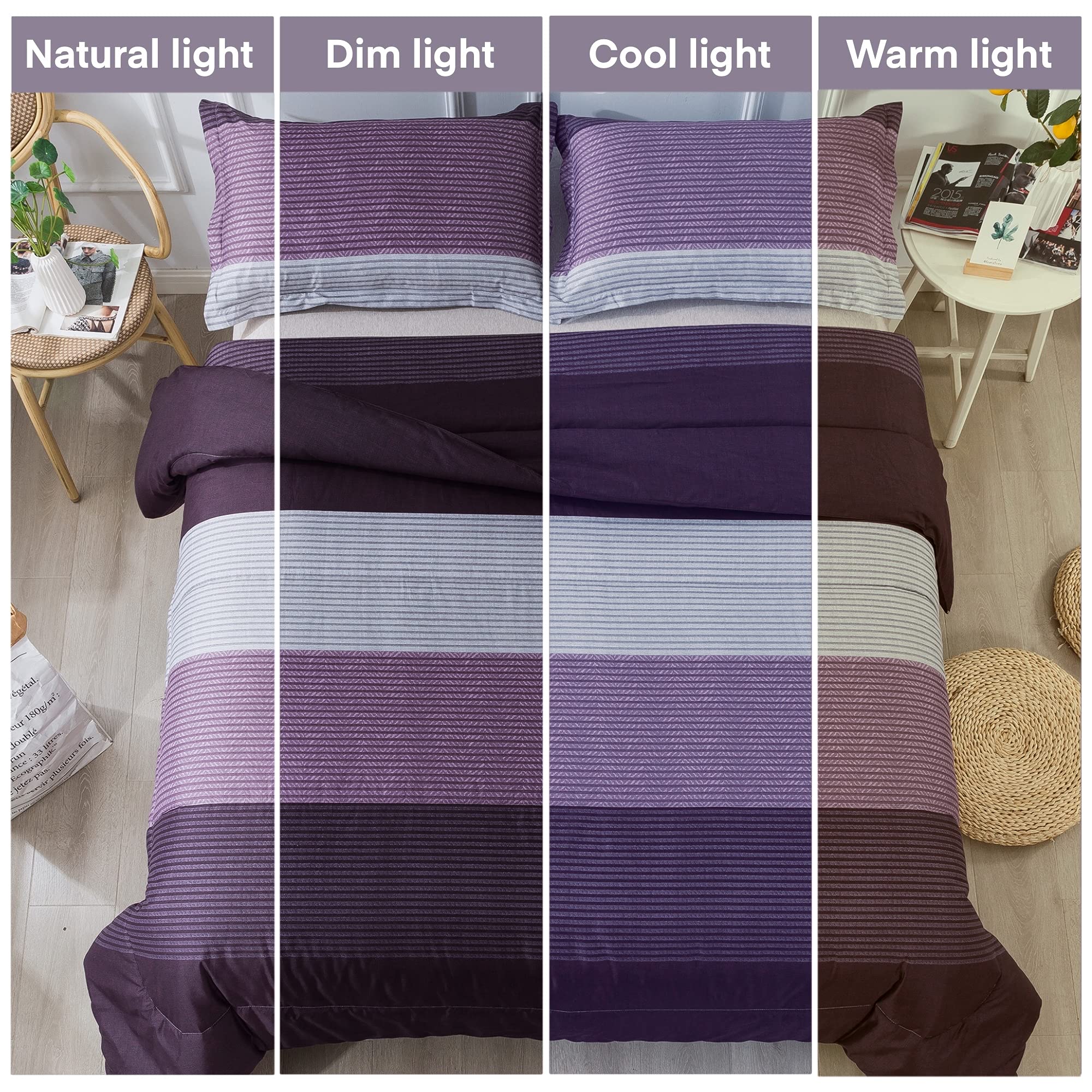 Andency Stripe Comforter Set King Size (104x90 Inch), 3 Pieces Purple and Gray Patchwork Striped Comforter, Soft Microfiber Down Alternative Comforter Bedding Set with Corner Loops