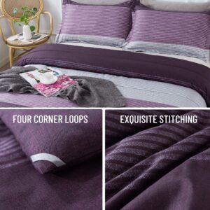 Andency Stripe Comforter Set King Size (104x90 Inch), 3 Pieces Purple and Gray Patchwork Striped Comforter, Soft Microfiber Down Alternative Comforter Bedding Set with Corner Loops