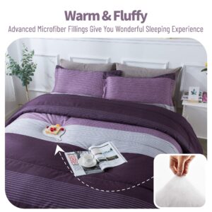 Andency Stripe Comforter Set King Size (104x90 Inch), 3 Pieces Purple and Gray Patchwork Striped Comforter, Soft Microfiber Down Alternative Comforter Bedding Set with Corner Loops