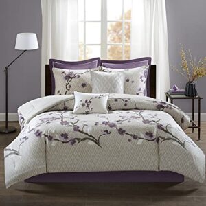 madison park cozy comforter nature scenery design - all season bedding, matching bed skirt, decorative pillows, holly, floral purple/taupe queen(90"x90") 8 piece