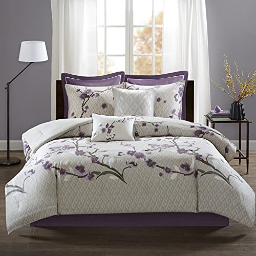 Madison Park Cozy Comforter Nature Scenery Design - All Season Bedding, Matching Bed Skirt, Decorative Pillows, Holly, Floral Purple/Taupe Queen(90"x90") 8 Piece