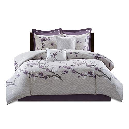 Madison Park Cozy Comforter Nature Scenery Design - All Season Bedding, Matching Bed Skirt, Decorative Pillows, Holly, Floral Purple/Taupe Queen(90"x90") 8 Piece