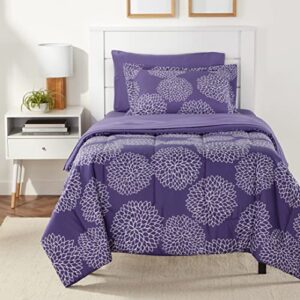 amazon basics lightweight microfiber bed-in-a-bag comforter 5-piece bedding set, twin/twin xl, purple floral