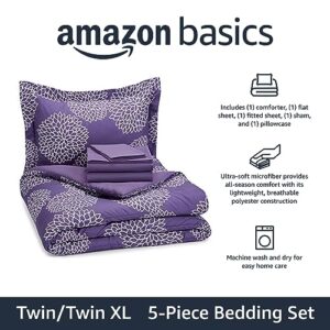 Amazon Basics Lightweight Microfiber Bed-in-a-Bag Comforter 5-Piece Bedding Set, Twin/Twin XL, Purple Floral