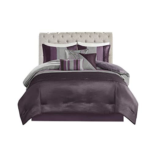 Madison Park Amherst Faux Silk Comforter Set-Casual Contemporary Design All Season Down Alternative Bedding, Matching Shams, Bedskirt, Decorative Pillows, King(104"x92"), Purple, 7 Piece (MP10-127)