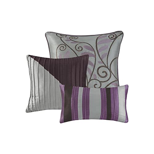 Madison Park Amherst Faux Silk Comforter Set-Casual Contemporary Design All Season Down Alternative Bedding, Matching Shams, Bedskirt, Decorative Pillows, King(104"x92"), Purple, 7 Piece (MP10-127)