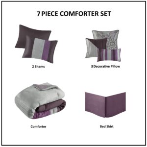 Madison Park Amherst Faux Silk Comforter Set-Casual Contemporary Design All Season Down Alternative Bedding, Matching Shams, Bedskirt, Decorative Pillows, King(104"x92"), Purple, 7 Piece (MP10-127)