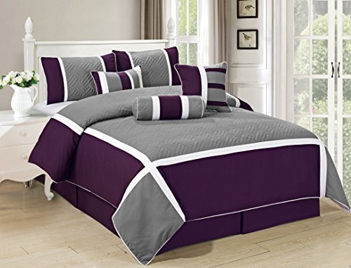 All American Collection New 7 Piece Embroidered Over-Sized Comforter Set (Queen, Purple/Grey)